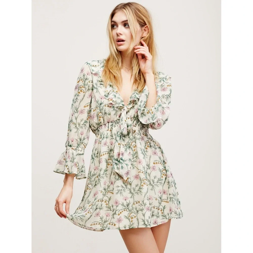$128 Free People Floral Mini Dress Cream Ruffle Tie Front Women SM Cottagecore